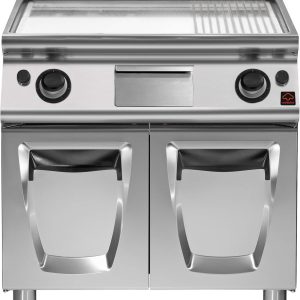 Fry top a gas su vano con porteversione extremepiastra 2/3 liscia e 1/3 rigata cromatapower 21 kw